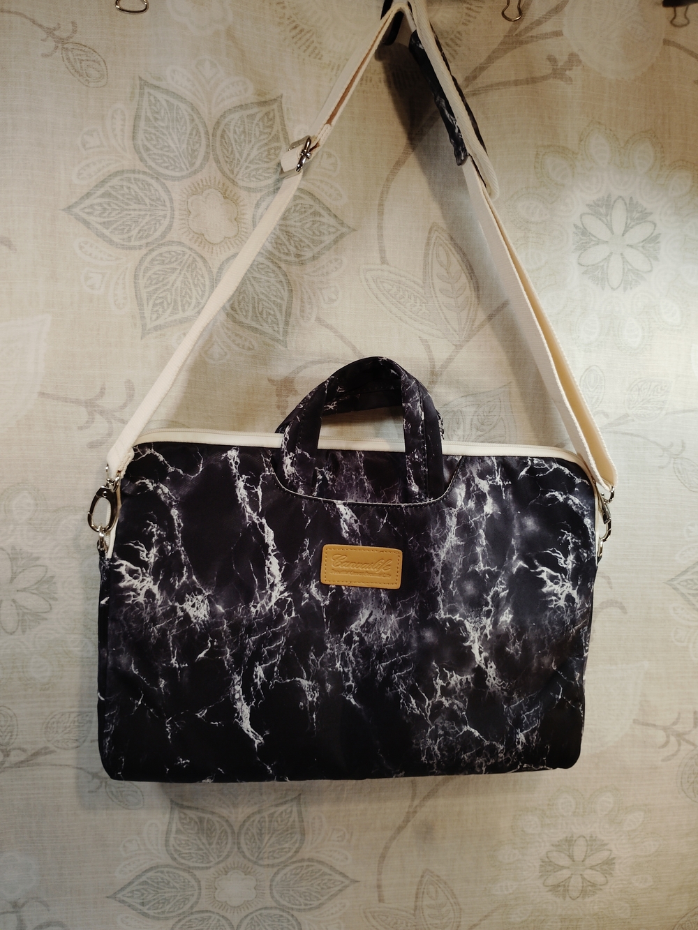 Canvaslife Marble-Print Black Laptop Bag with Cream Strap